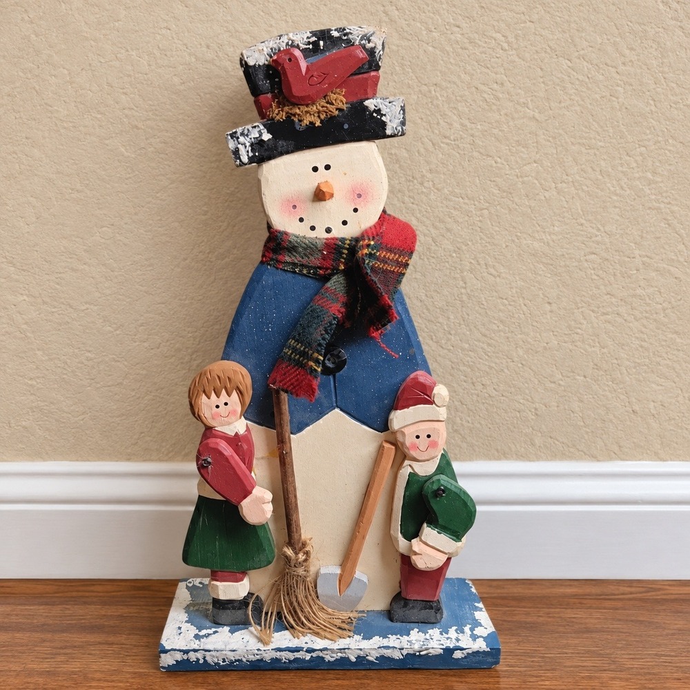 Vintage Wooden Snowman Folk Art Christmas Figurine Children‎ Cardinal 12 Inch
